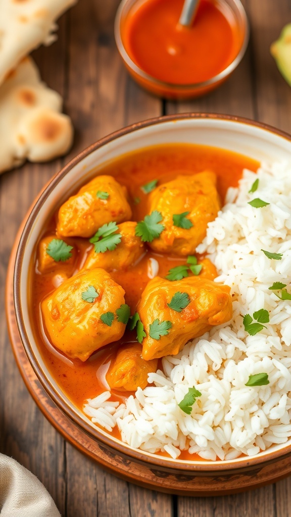 A bowl of chicken curry with rice and naan, garnished with cilantro on a rustic table.